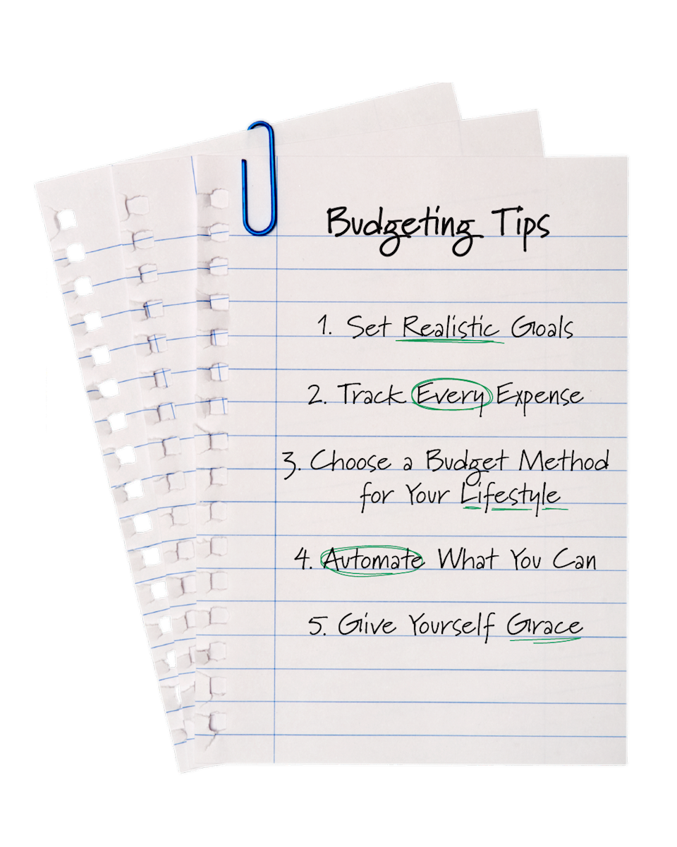 Notepad with five tips for budgeting.