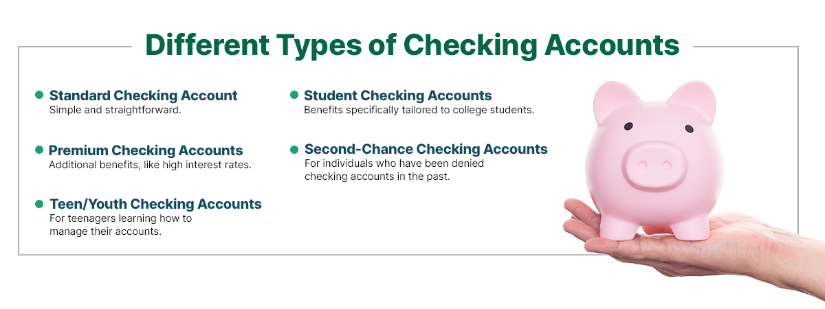 Different Types of Checking Accounts  Standard Checking Account Simple and straightforward.  Premium Checking Accounts Additional benefits, like high interest rates.   Teen/Youth Checking Accounts For teenagers learning how to manage their accounts.  Student Checking Accounts Benefits specifically tailored to college students.  Second-Chance Checking Accounts For individuals who have been denied checking accounts in the past. 