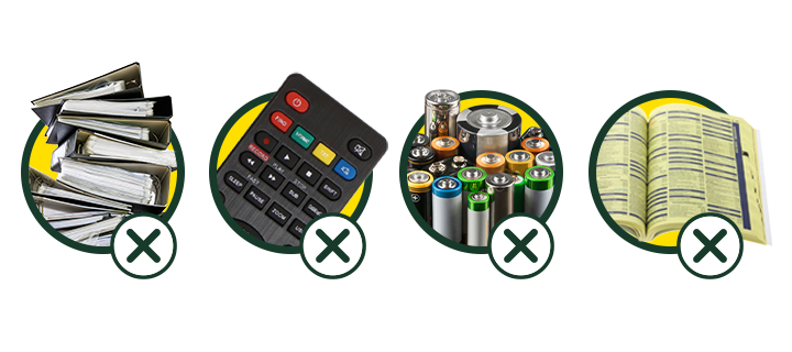 Items that cannot be shredded including binders, electronics, batteries and phonebooks