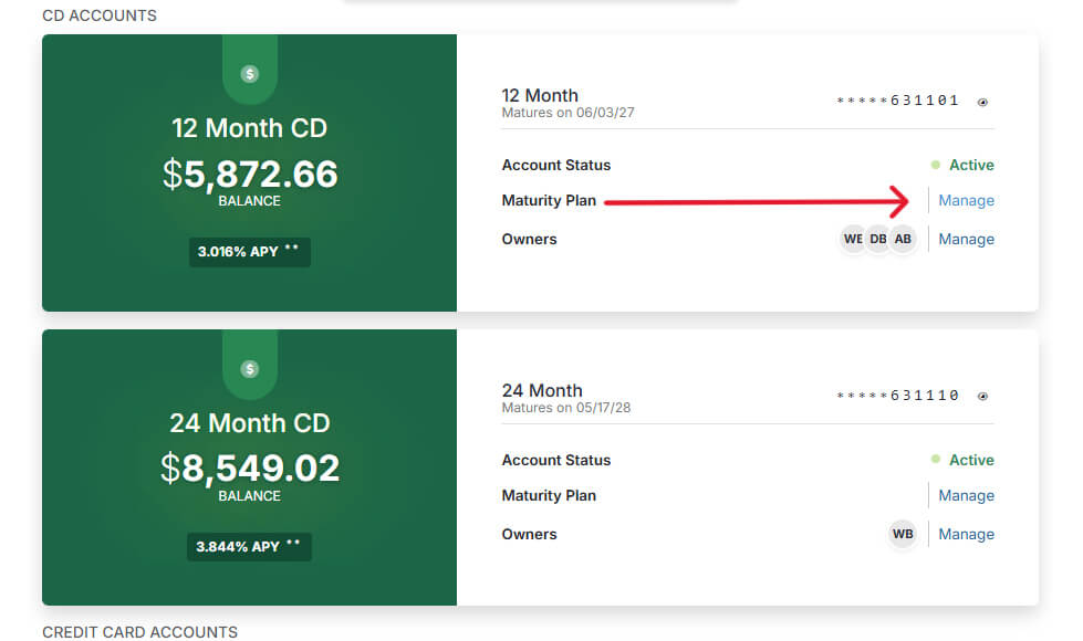 CD account details in account services with an arrow arrow pointed to the 'Manage' link option.