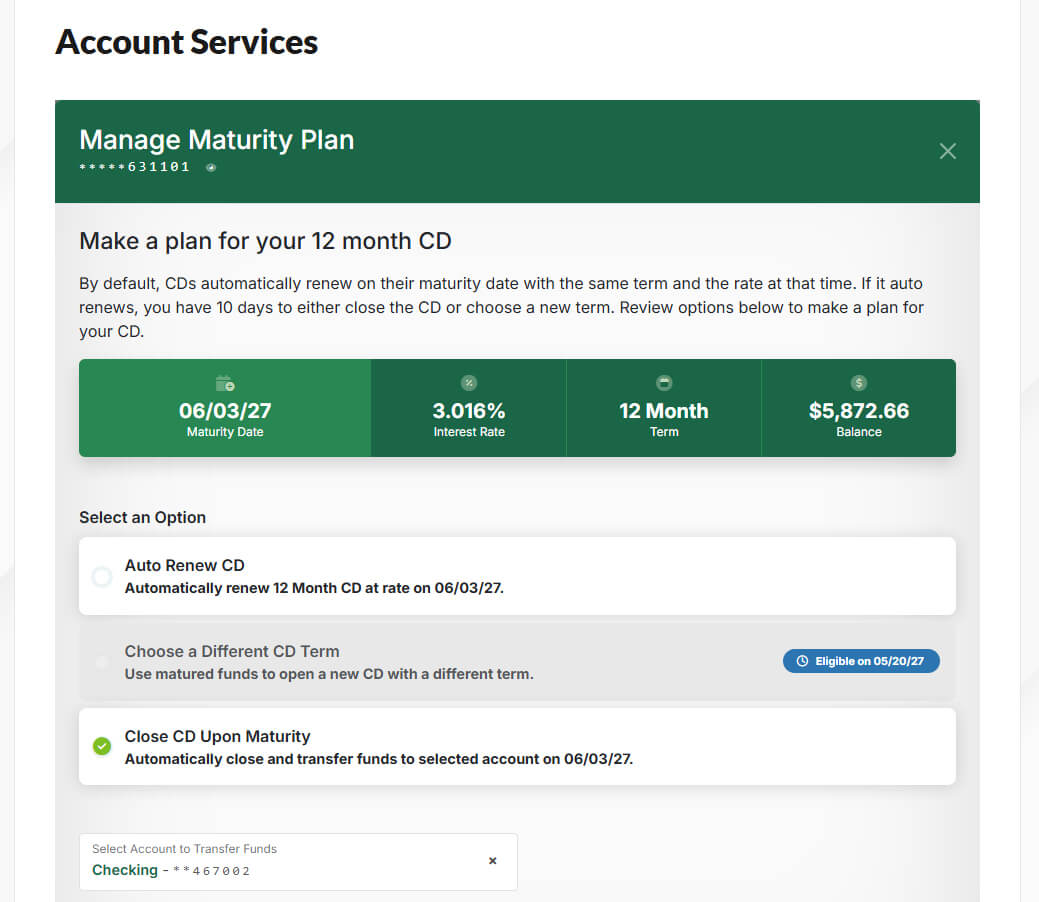 Online banking account services showing CD renewal options.