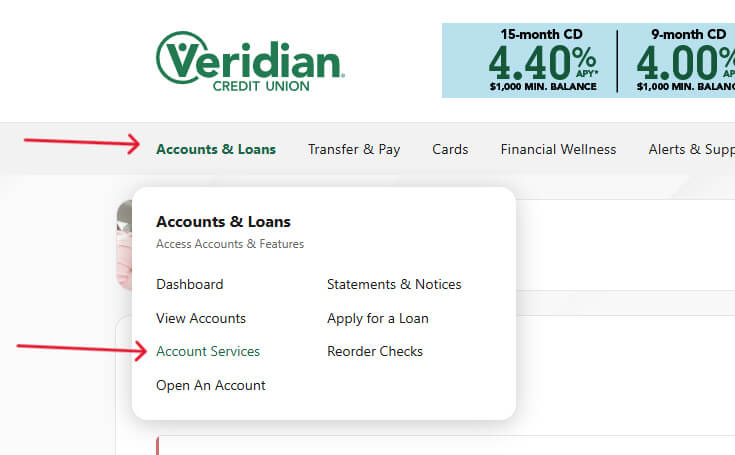 Veridian online banking navigation with arrows pointed to Account Services in drop down.