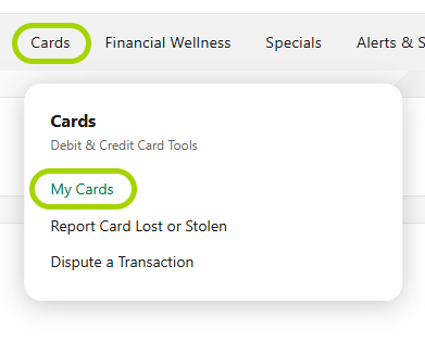 Screen capture of Online Banking menu with 'Cards' and 'My Cards' highilghted
