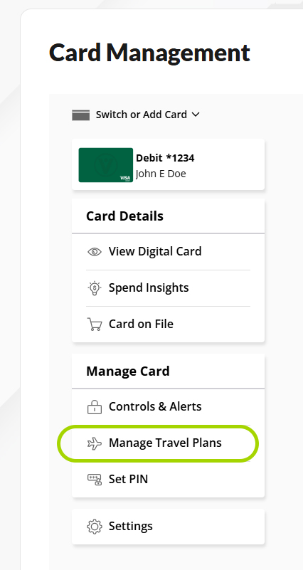 Screen capture of Card Management menu with 'Manage Travel Plans' highlighted.